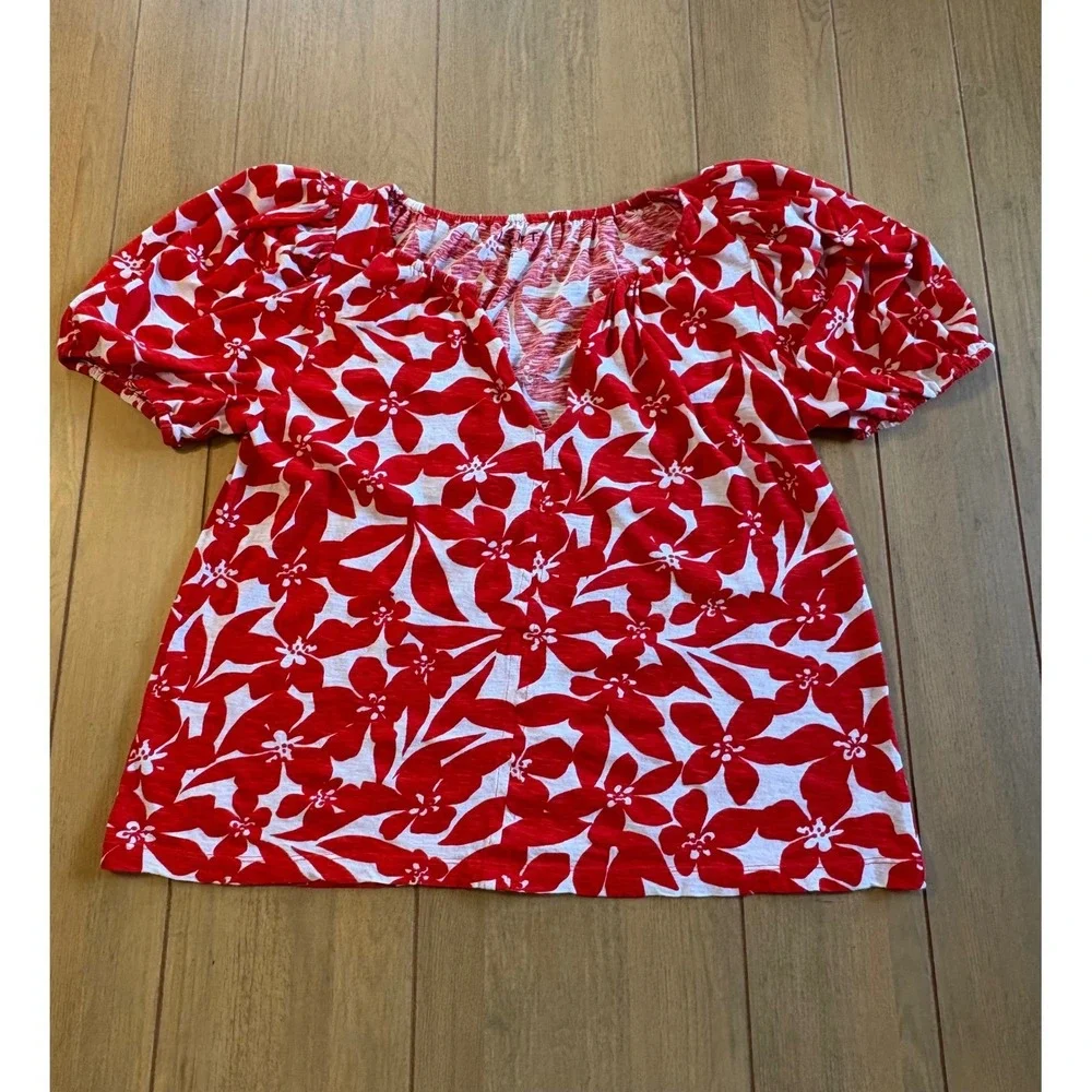 LOFT Floral Puff Sleeve Blouse Womens Medium Red White Cotton V-Neck Top Boho